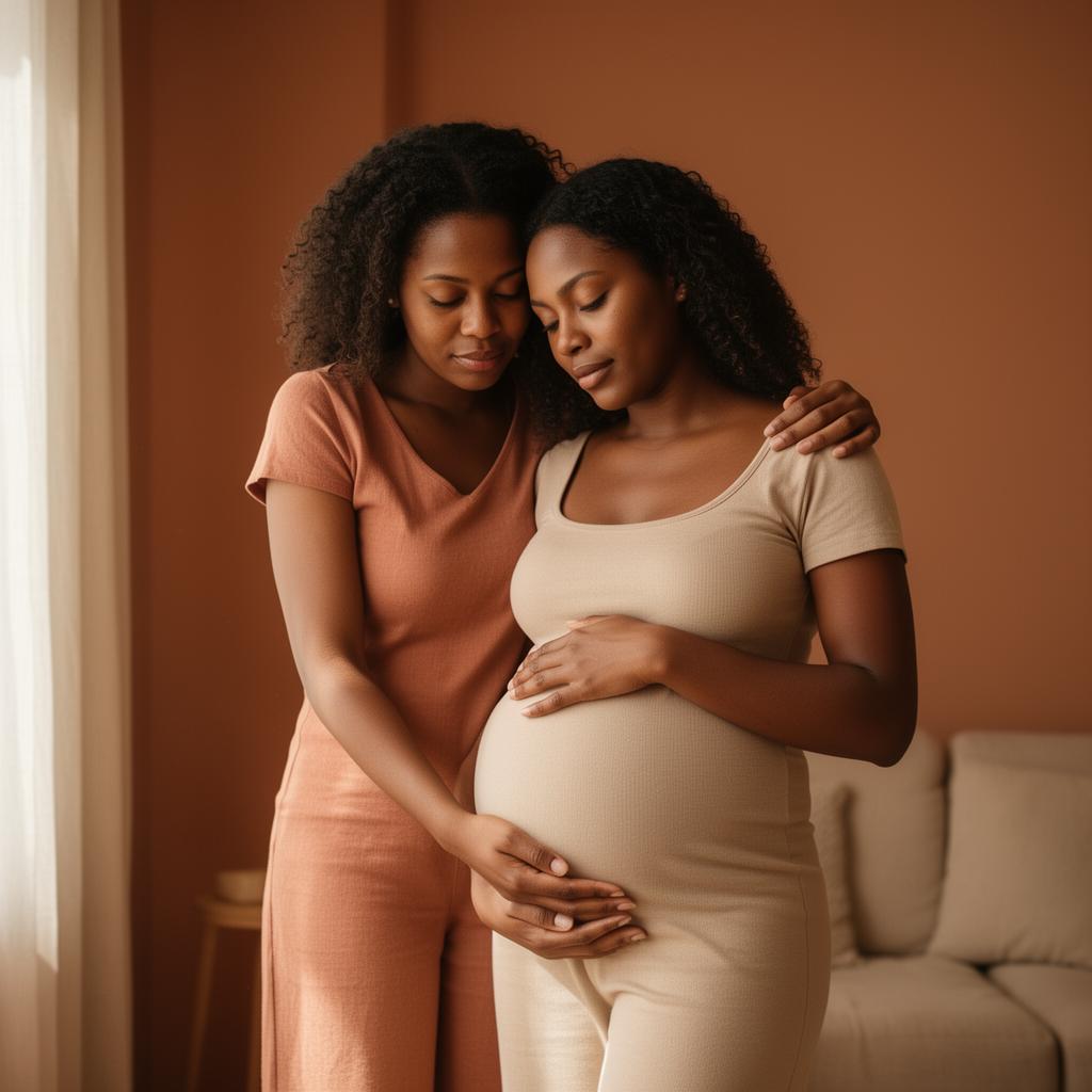 Two Black women embracing, one of them pregnant